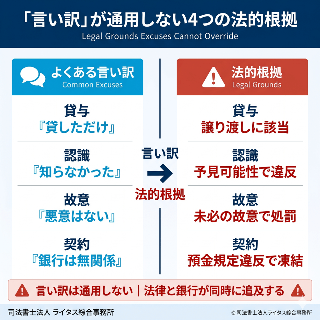 口座売買で「言い訳」が通用しない4つの理由|知らなかった・脅された・名義貸しのつもり等が通用しない法的根拠