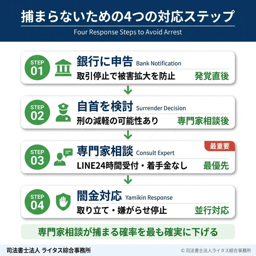 口座売買で捕まらないための4つの対応ステップ|勧誘拒否・通帳の自己管理・専門家相談・警察通報