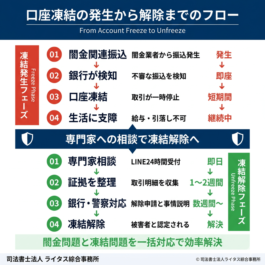 銀行口座凍結の発生から解除までの5ステップフロー|凍結通知・原因確認・専門家相談・金融機関対応・解除