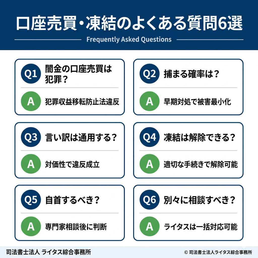 口座売買・凍結に関するよくある質問6選|犯罪性・逮捕確率・言い訳の可否・凍結解除・自首・闇金との一括相談